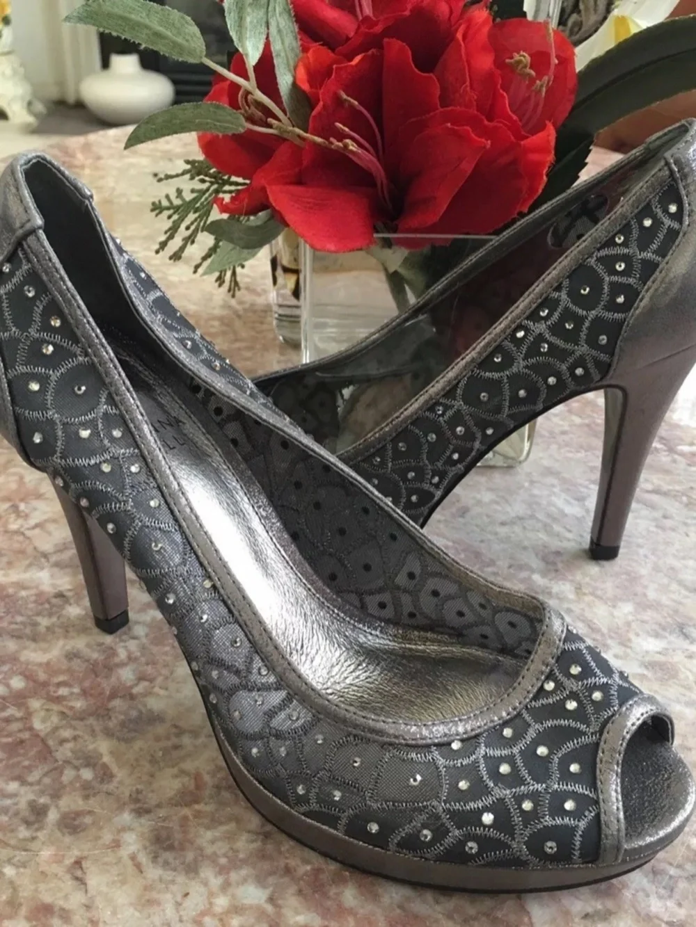 Adrianna Papell Foxy Rhinestones Mesh Gunmetal Peep-Toe Size EU 38. Dress Pumps.